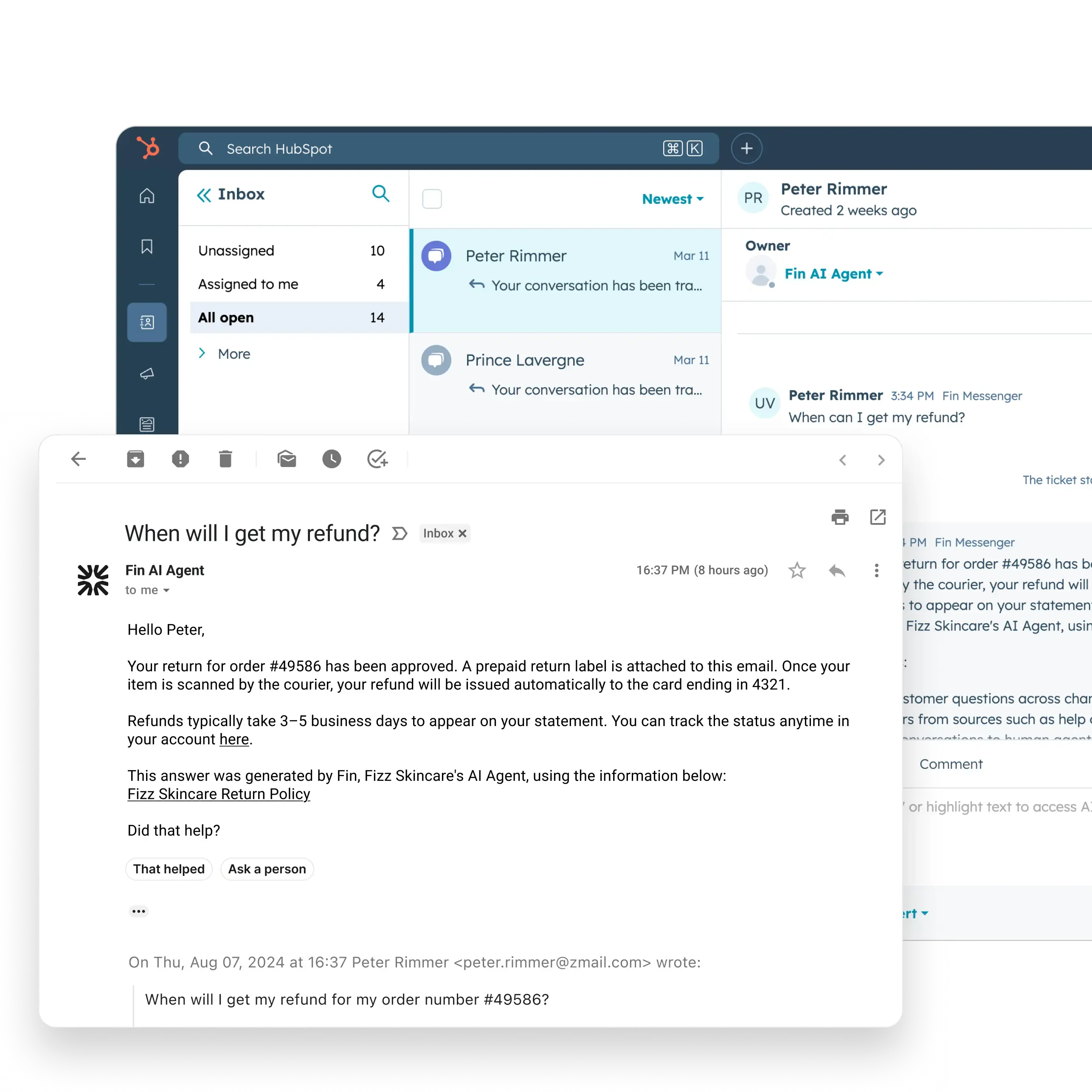 Fin wickelt eingehende E-Mail-Konversationen über HubSpot ab